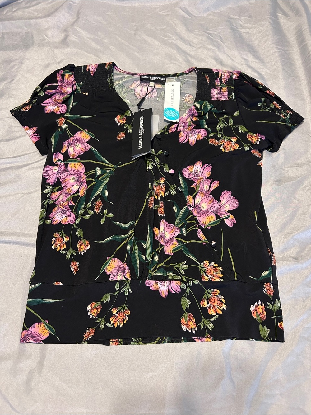Karl Lagerfeld Black Floral Short Sleeve Ruffle Blouse